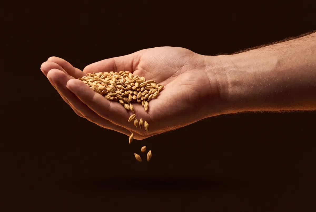 Main tenant une poignée de grains d’orge maltés dorés.
