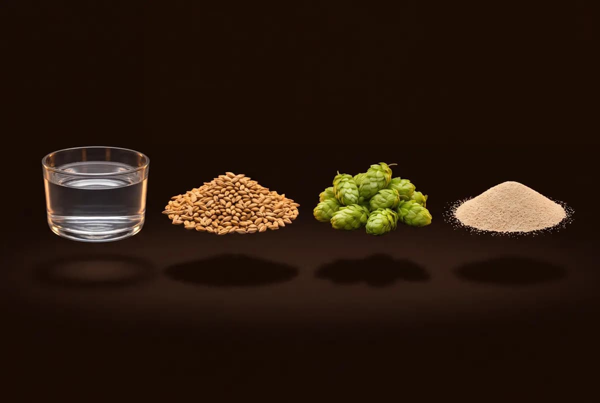 Quatre tas séparés : eau, grains de malt, cônes de houblon et levure.