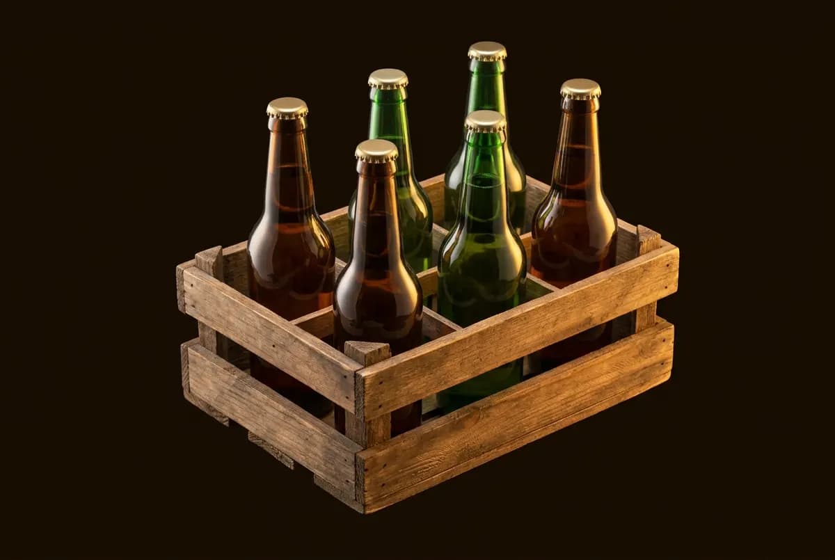 Six bouteilles nues rangées debout dans les casiers d’une caisse en bois, verre brun et verre vert.