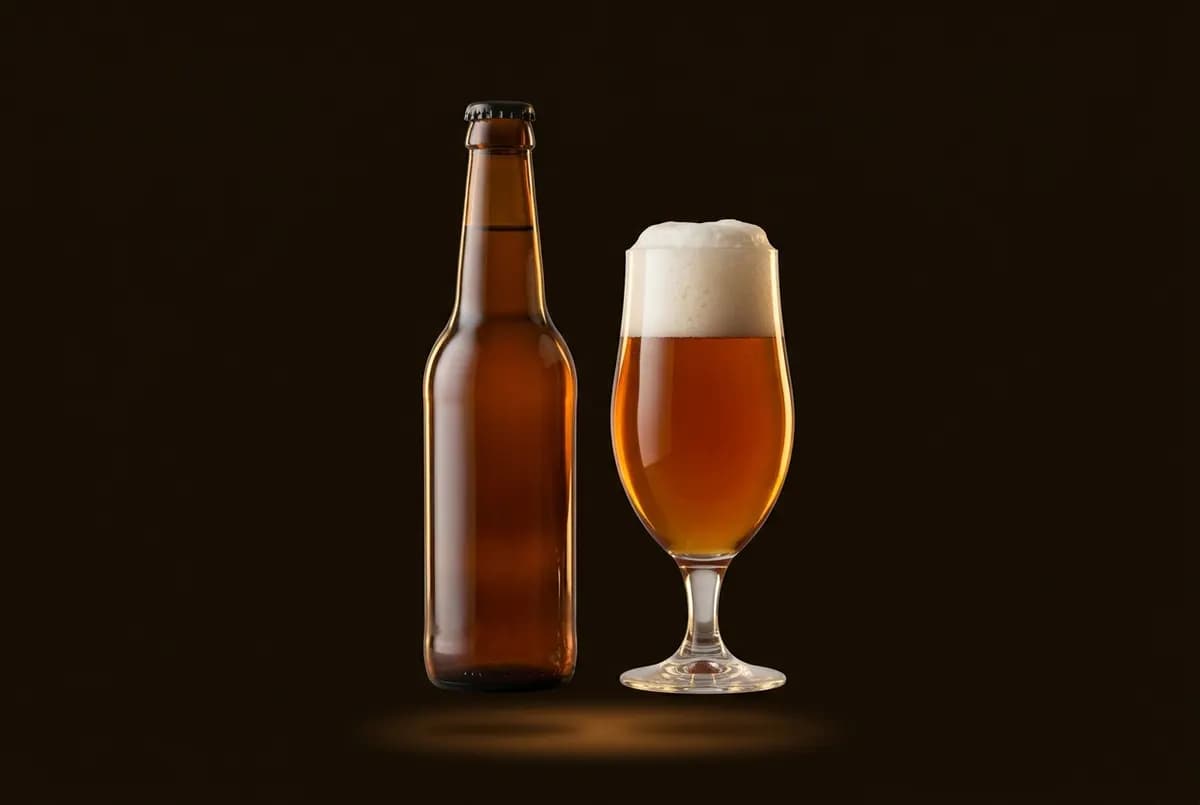 Bouteille brune sans étiquette posée à côté d’un verre tulipe rempli de bière ambrée sous un col de mousse.