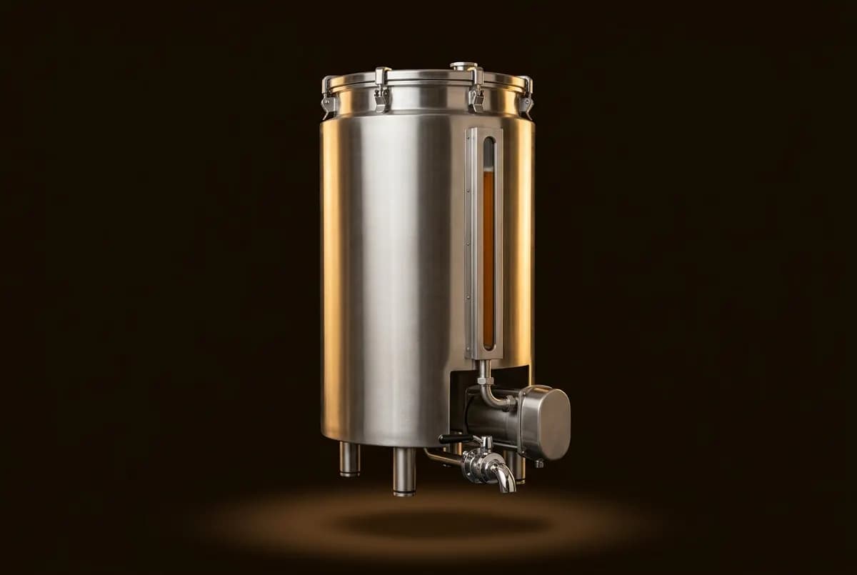 Cuve cylindrique en inox à couvercle clampé, niveau vitré sur le flanc et vanne chromée à la base.