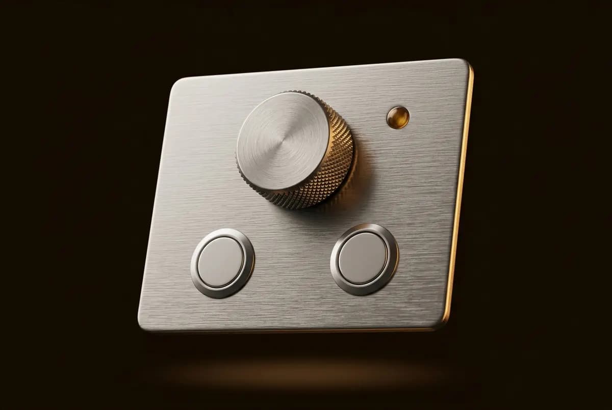 Panneau de commande en inox brossé : une molette moletée, deux boutons ronds et un témoin ambré.
