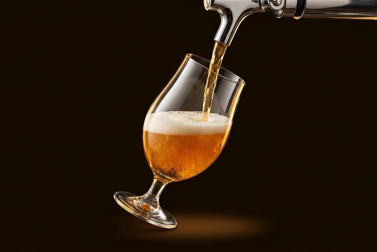Verre incliné sous un bec chromé, traversé par un jet de bière dorée, la mousse en train de monter.