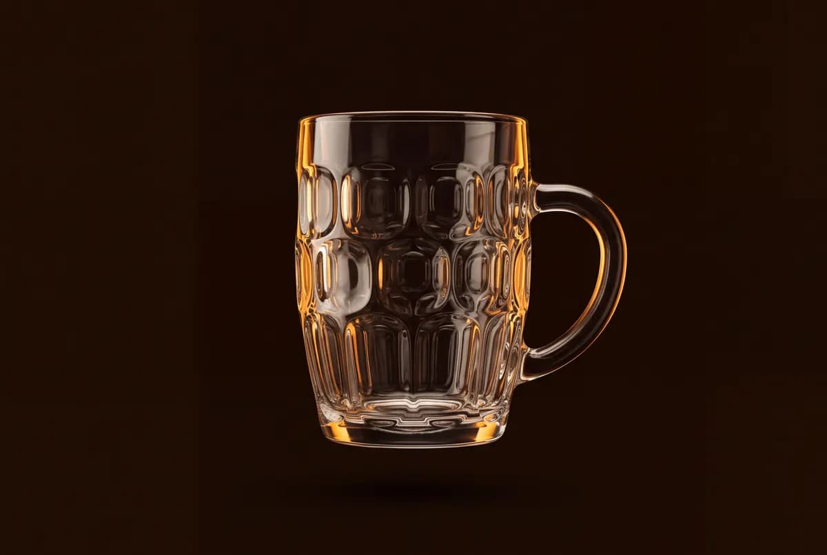 Chope à anse en verre épais, vide.