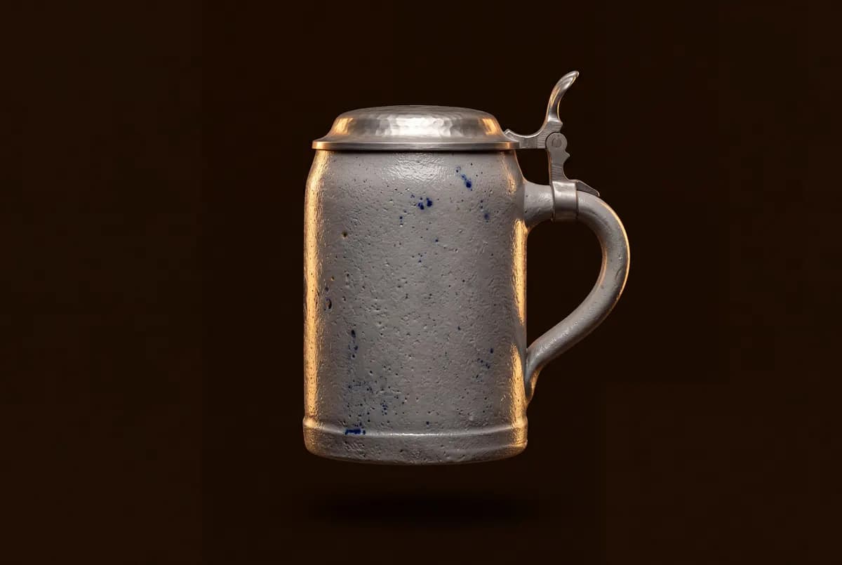 Chope allemande en grès à couvercle métallique.