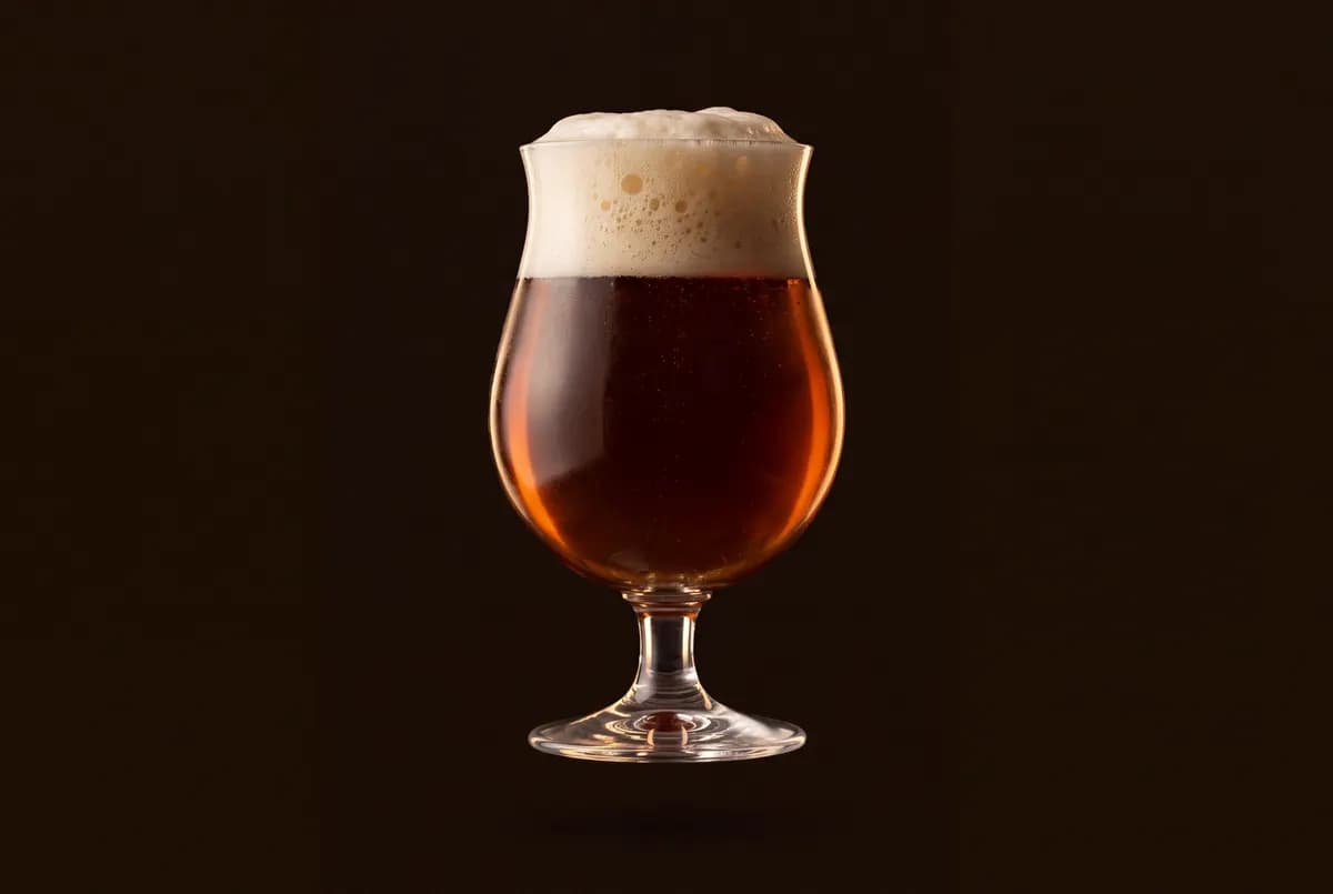 Verre tulipe belge rempli d’une bière ambrée.