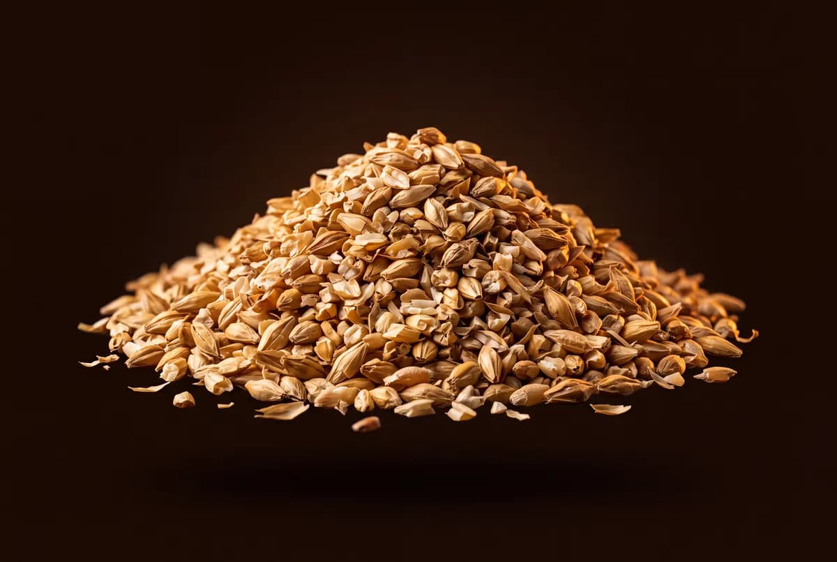 Tas conique de grains d’orge maltés concassés, enveloppes fendues et éclats visibles.