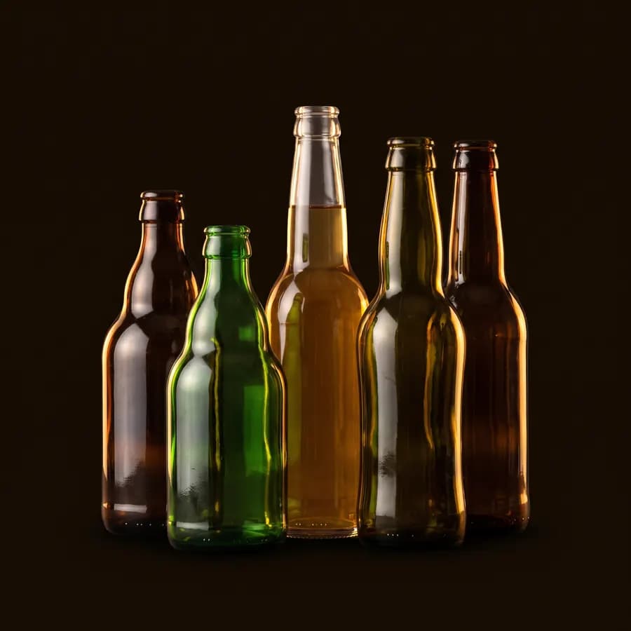 Groupe de bouteilles de bière de formes variées sur fond sombre